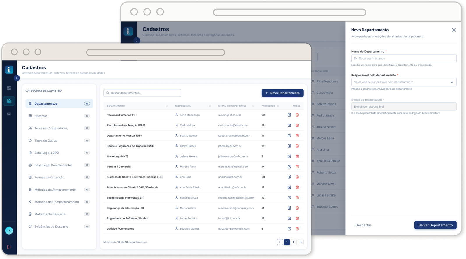 Tela de cadastros do sistema: as categorias de cadastro à esquerda, a tabela de departamentos com responsável, e-mail e quantidade de processos, e o painel de novo departamento aberto por cima.
