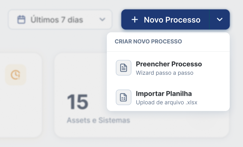 Botão de criação de processo com o menu aberto, mostrando as opções de preencher pelo passo a passo ou importar planilha.